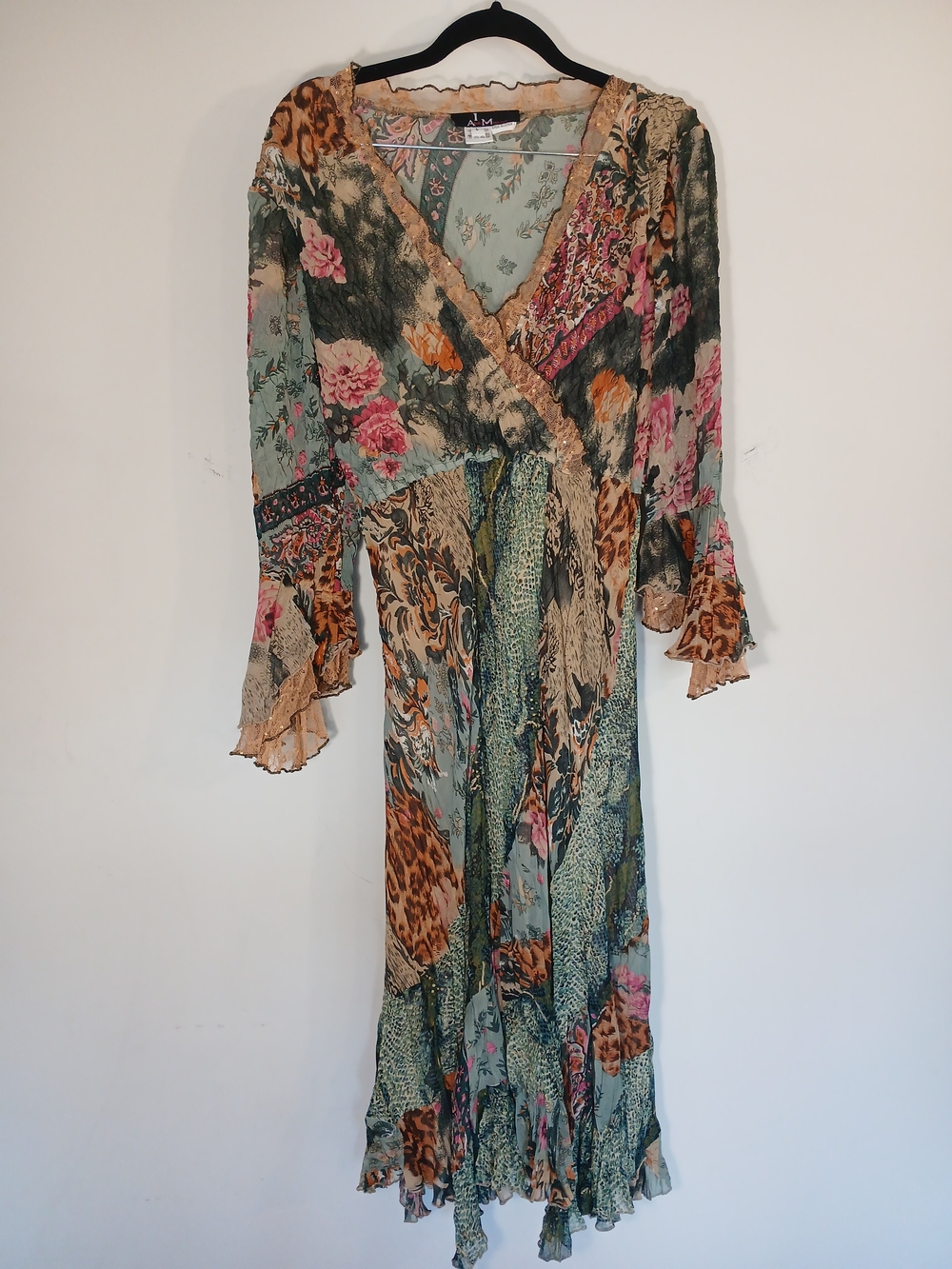 I Am Alberto Makali Safari Print Maxi Stretchy Gauzy Lettuce Hem Dress Size Lg